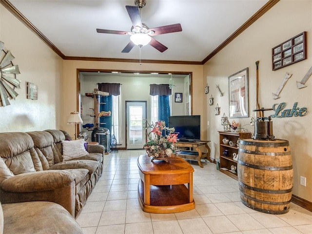 19609 Filly Dr, Edmond, OK 73003 - living area with light tile patterned flooring, a ceiling fan, crown molding, and baseboards