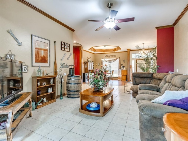 19609 Filly Dr, Edmond, OK 73003 - living room with crown molding, light tile patterned flooring, a ceiling fan, and a chandelier