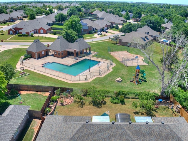 19609 Filly Dr, Edmond, OK 73003 - aerial perspective of suburban area featuring a pool