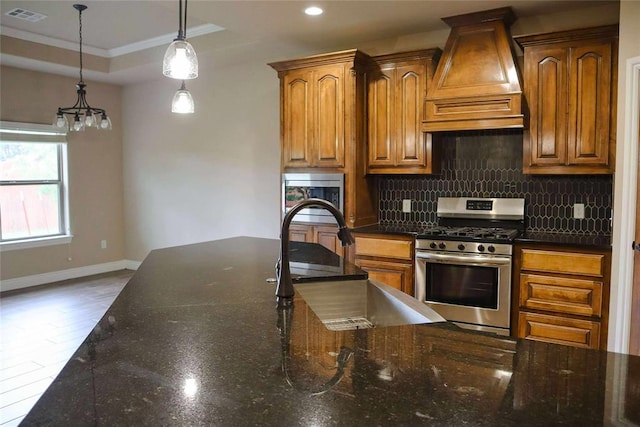 1417 Dustbowl Ln, Altus, OK 73521 - kitchen with stainless steel appliances, custom exhaust hood, a sink, ornamental molding, and decorative backsplash