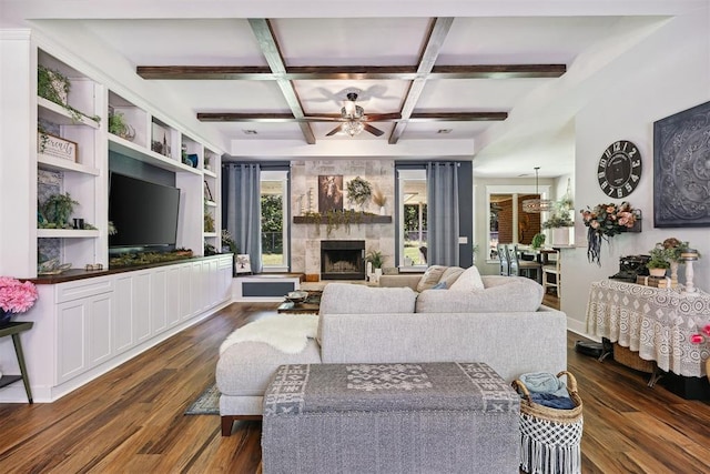 4706 Red Hawk St, Guthrie, OK 73044 - living area featuring coffered ceiling, a ceiling fan, dark wood-type flooring, a fireplace, and beamed ceiling