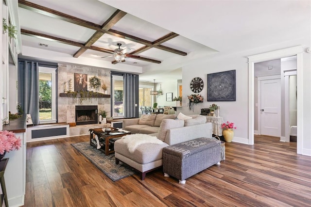 4706 Red Hawk St, Guthrie, OK 73044 - living room with coffered ceiling, dark wood-style floors, a ceiling fan, a stone fireplace, and baseboards