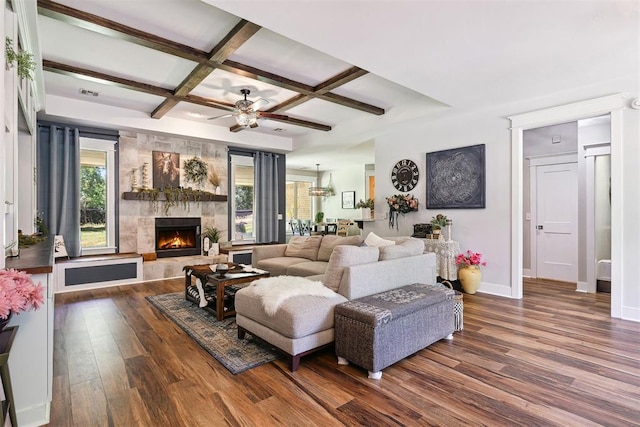 4706 Red Hawk St, Guthrie, OK 73044 - living room featuring coffered ceiling, dark wood-style flooring, a fireplace, ceiling fan, and baseboards