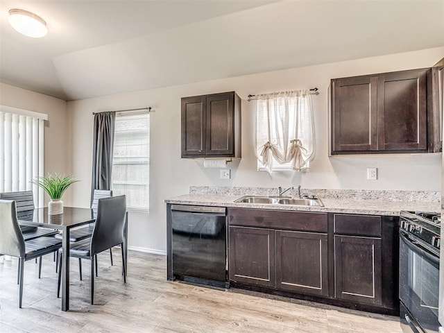 11621 Jude Way, Yukon, OK 73099 - kitchen featuring black appliances, a sink, dark brown cabinets, vaulted ceiling, and light wood-style flooring