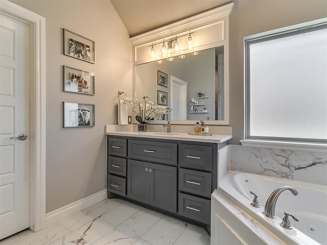 12801 Red Spruce Cir, Oklahoma City, OK 73142 - full bath featuring marble look tile flooring, vanity, a whirlpool tub, and baseboards