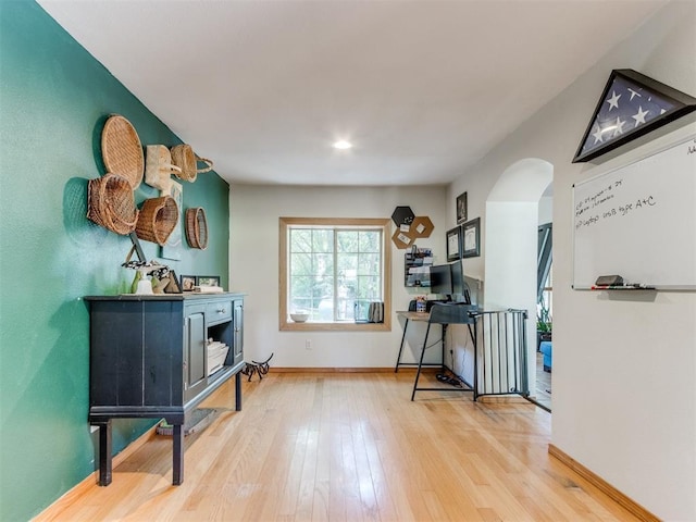 43 W Shore Dr, Arcadia, OK 73007 - miscellaneous room with wood-type flooring, arched walkways, baseboards, and recessed lighting