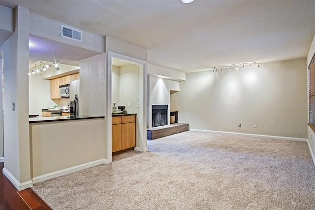 600 NW 4th St Unit 319N, Oklahoma City, OK 73102 - unfurnished living room with a fireplace with raised hearth, rail lighting, and carpet floors