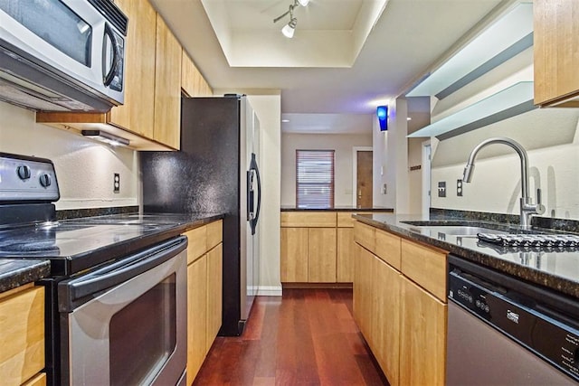 600 NW 4th St Unit 319N, Oklahoma City, OK 73102 - kitchen featuring stainless steel appliances, dark wood finished floors, light brown cabinets, dark stone countertops, and track lighting