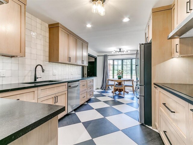4205 Sooner Cir, Edmond, OK 73034 - kitchen featuring appliances with stainless steel finishes, dark floors, a sink, under cabinet range hood, and light brown cabinets