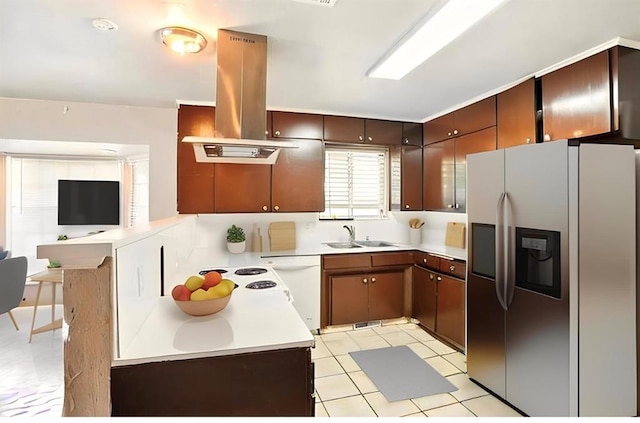 6005 Kingston Rd, Oklahoma City, OK 73122 - kitchen featuring stainless steel fridge, island exhaust hood, light countertops, dishwasher, and open floor plan