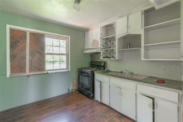 3917 SE 12th St, Oklahoma City, OK 73115 - kitchen featuring black range with gas stovetop, a sink, under cabinet range hood, open shelves, and dark wood-type flooring