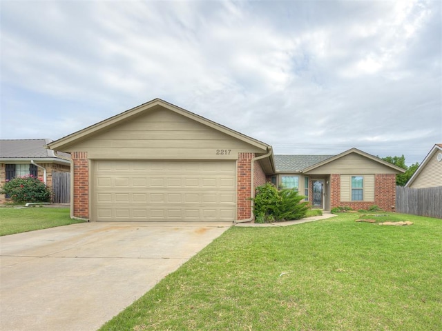 ranch-style house featuring brick siding, concrete driveway, and an attached garage