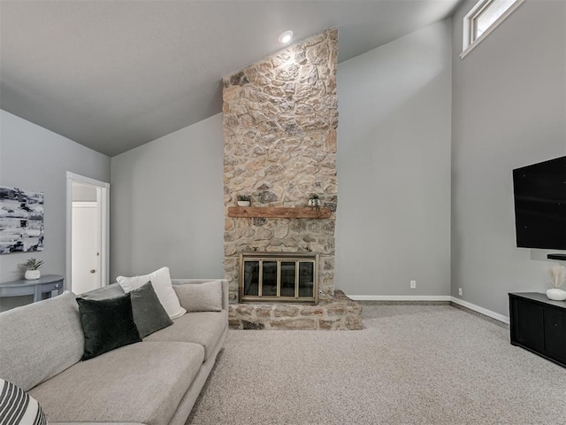 5101 Long Branch Ln, Edmond, OK 73034 - carpeted living area featuring a fireplace and high vaulted ceiling