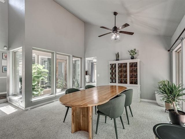5101 Long Branch Ln, Edmond, OK 73034 - dining room featuring carpet, high vaulted ceiling, and ceiling fan