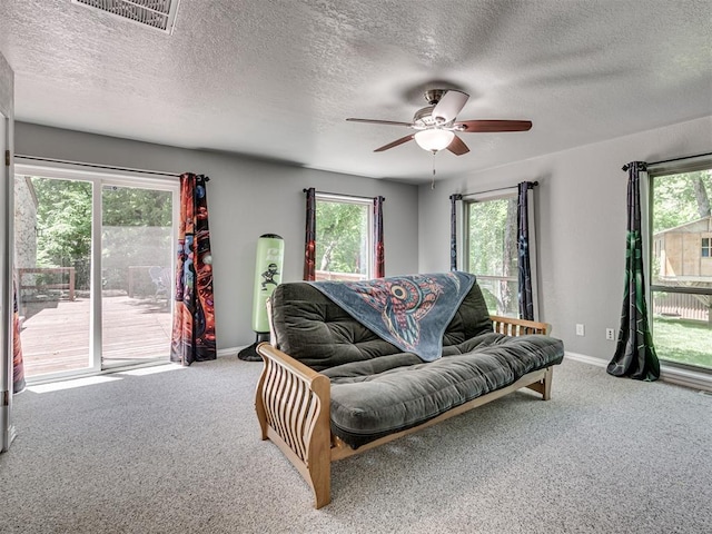 5101 Long Branch Ln, Edmond, OK 73034 - living room with carpet floors, plenty of natural light, a ceiling fan, and a textured ceiling