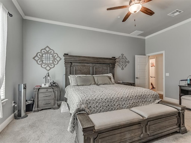 5608 Courtland Ln, Choctaw, OK 73020 - bedroom with carpet floors, crown molding, baseboards, and ceiling fan