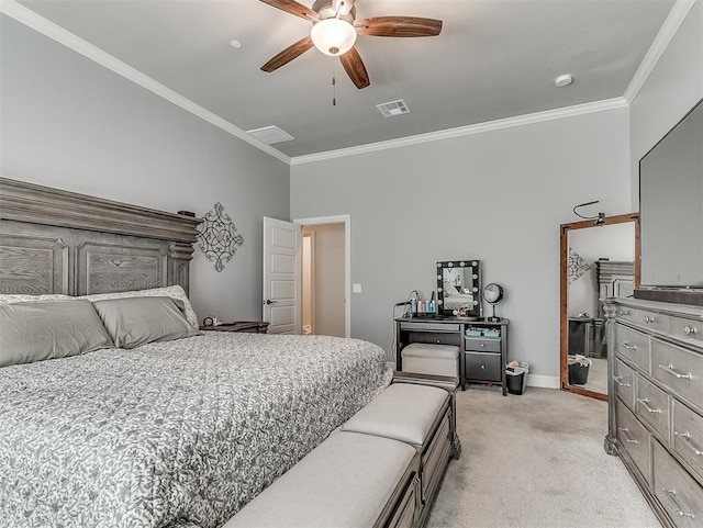5608 Courtland Ln, Choctaw, OK 73020 - bedroom with crown molding, light carpet, baseboards, and ceiling fan