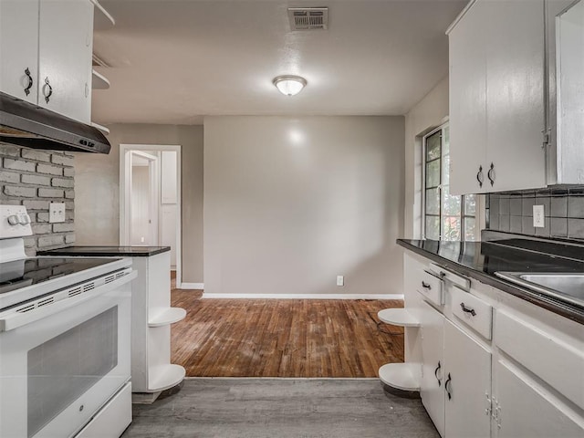 4109 N Sterling Ave, Oklahoma City, OK 73122 - kitchen featuring white electric range oven, under cabinet range hood, wood finished floors, and white cabinetry