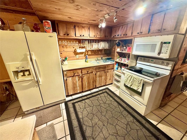 36578 Ns 3500th St, Konawa, OK 74849 - kitchen featuring white appliances, brown cabinets, a sink, light countertops, and wood ceiling