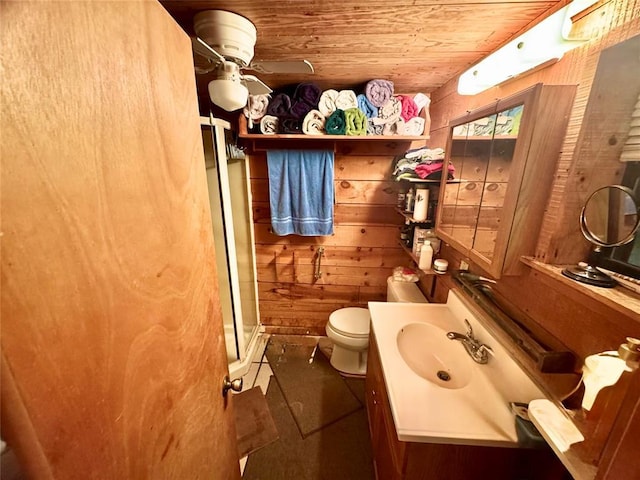 36578 Ns 3500th St, Konawa, OK 74849 - full bathroom featuring toilet, wood ceiling, wooden walls, a stall shower, and vanity