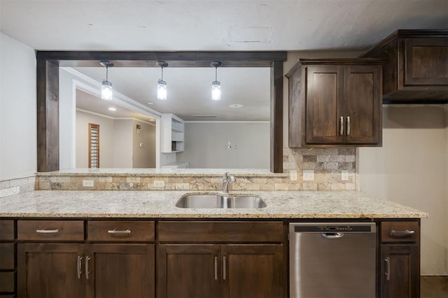 325 S Pine St, Crescent, OK 73028 - kitchen with dishwasher, a sink, dark brown cabinetry, light stone countertops, and ornamental molding