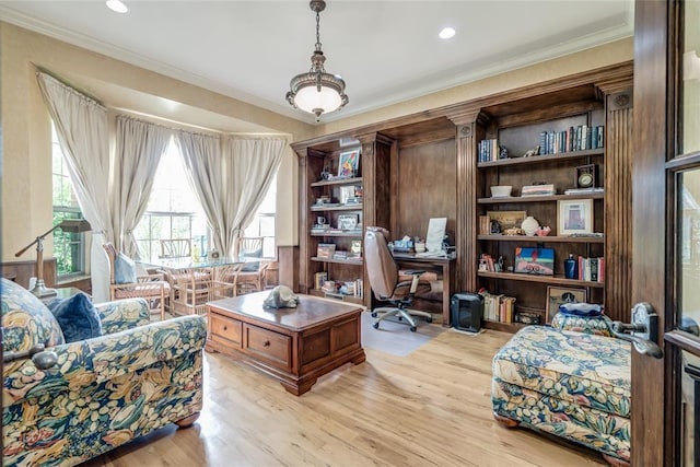 8025 Redbud Canyon Trl, Edmond, OK 73034 - office with light wood-type flooring, ornamental molding, and recessed lighting