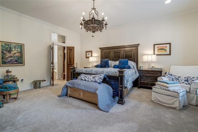 8025 Redbud Canyon Trl, Edmond, OK 73034 - bedroom with light colored carpet, a chandelier, ornamental molding, and baseboards
