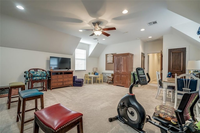 8025 Redbud Canyon Trl, Edmond, OK 73034 - workout room with a ceiling fan, light colored carpet, vaulted ceiling, and recessed lighting