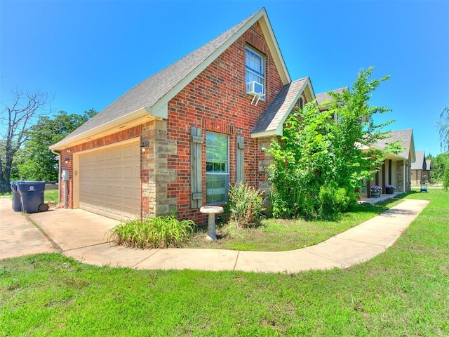 5509 Old Town St, Newalla, OK 74857 - view of property exterior featuring brick siding, a yard, a shingled roof, concrete driveway, and a garage