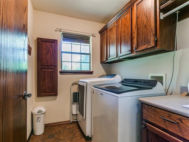 5509 Old Town St, Newalla, OK 74857 - washroom featuring cabinet space, washing machine and dryer, baseboards, and dark tile patterned floors