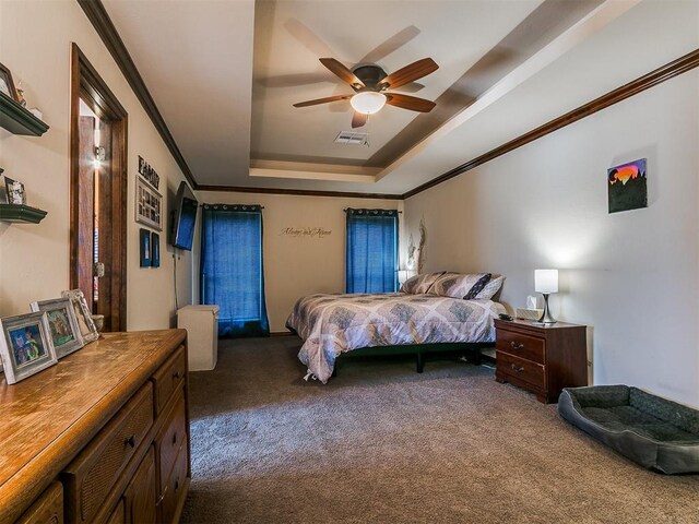5509 Old Town St, Newalla, OK 74857 - carpeted bedroom with a raised ceiling, ornamental molding, and a ceiling fan