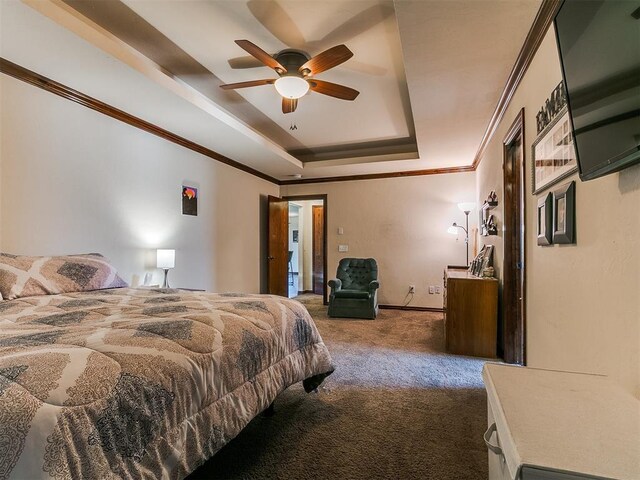 5509 Old Town St, Newalla, OK 74857 - carpeted bedroom with a raised ceiling, crown molding, baseboards, and a ceiling fan