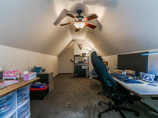 5509 Old Town St, Newalla, OK 74857 - carpeted home office featuring vaulted ceiling and ceiling fan