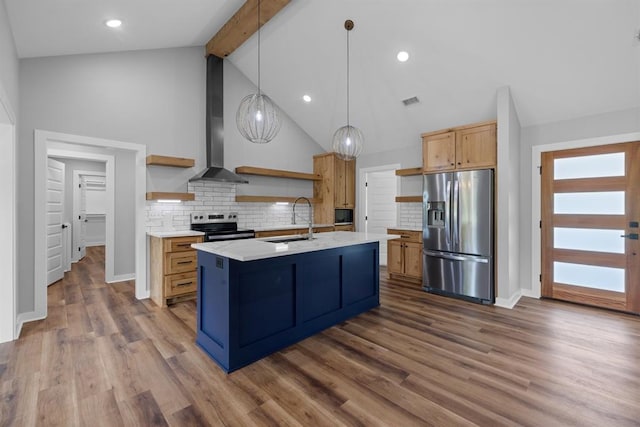 3155 E Fair St, Idabel, OK 74745 - kitchen with stainless steel appliances, open shelves, a sink, wall chimney range hood, and light countertops