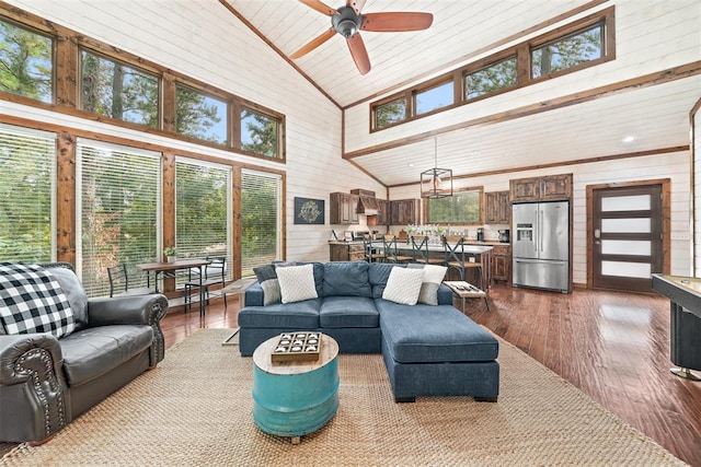 168 Eagle Mountain Trl, Broken Bow, OK 74728 - living room with high vaulted ceiling, dark wood-style flooring, ceiling fan, wood walls, and wooden ceiling
