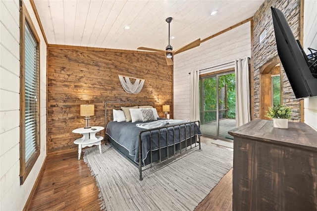 168 Eagle Mountain Trl, Broken Bow, OK 74728 - bedroom with access to exterior, wood ceiling, hardwood / wood-style flooring, wooden walls, and recessed lighting