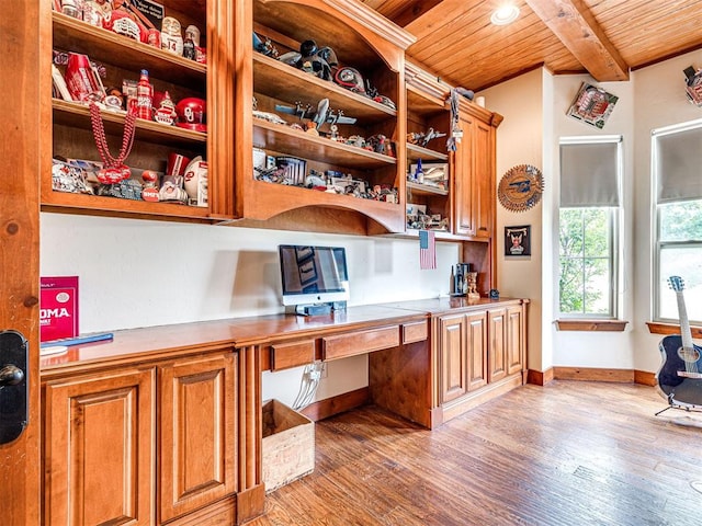 6509 NE 101st St, Oklahoma City, OK 73151 - office area featuring built in desk, wooden ceiling with exposed beams, light wood-style floors, and baseboards
