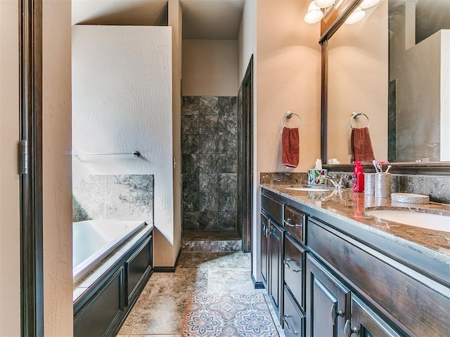 17016 Barcelona Dr, Oklahoma City, OK 73170 - bathroom with double vanity, a garden tub, and tiled shower