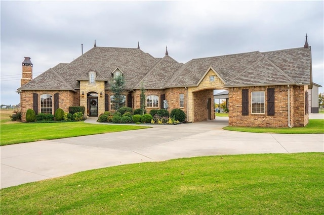 16000 SW 25th St, Oklahoma City, OK 73036 - french country style house featuring a front lawn, a chimney, curved driveway, and roof with shingles