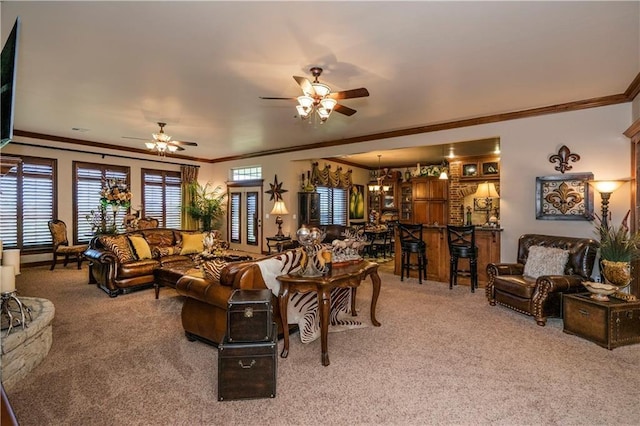 16000 SW 25th St, Oklahoma City, OK 73036 - living area with carpet, crown molding, and ceiling fan