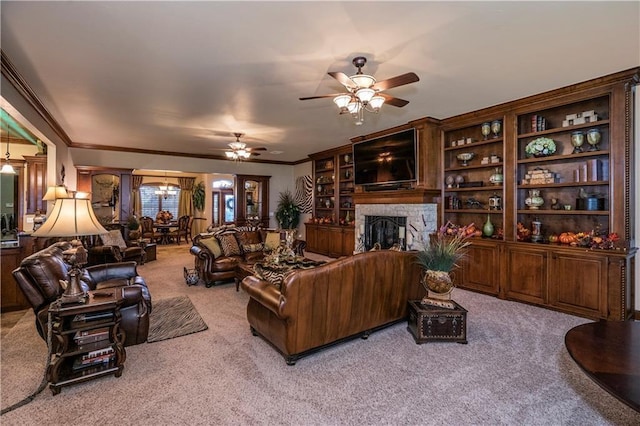 16000 SW 25th St, Oklahoma City, OK 73036 - living room with carpet flooring, a fireplace, a ceiling fan, and ornamental molding