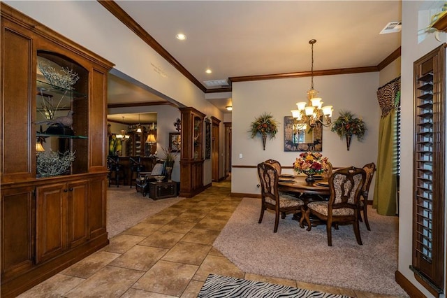 16000 SW 25th St, Oklahoma City, OK 73036 - dining room with a chandelier, crown molding, light carpet, light tile patterned flooring, and baseboards