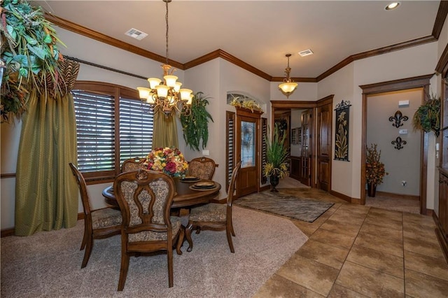 16000 SW 25th St, Oklahoma City, OK 73036 - dining space featuring a chandelier, baseboards, ornamental molding, and tile patterned flooring