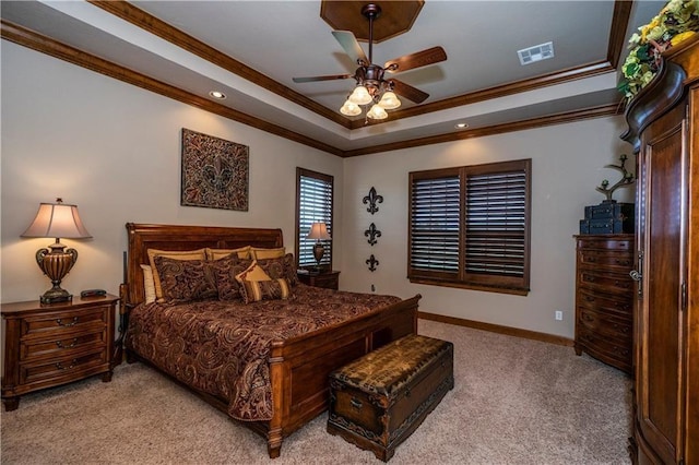 16000 SW 25th St, Oklahoma City, OK 73036 - bedroom featuring light colored carpet, a raised ceiling, ornamental molding, baseboards, and ceiling fan