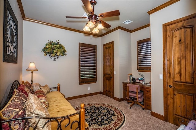 16000 SW 25th St, Oklahoma City, OK 73036 - carpeted living area featuring a ceiling fan, an office area, crown molding, and baseboards