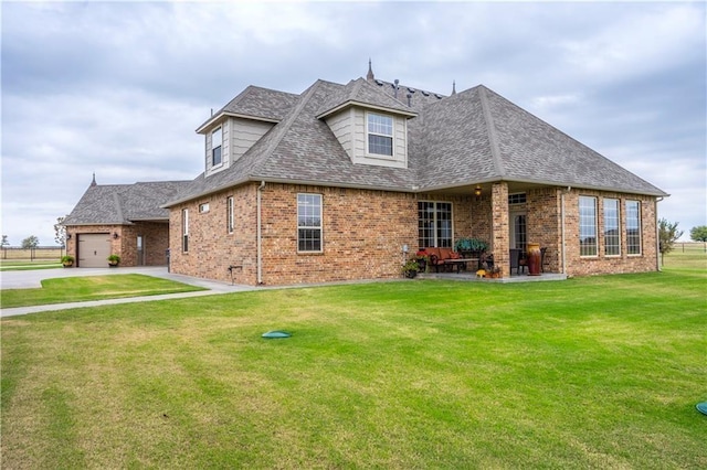 16000 SW 25th St, Oklahoma City, OK 73036 - view of home's exterior with brick siding, concrete driveway, a lawn, roof with shingles, and a garage