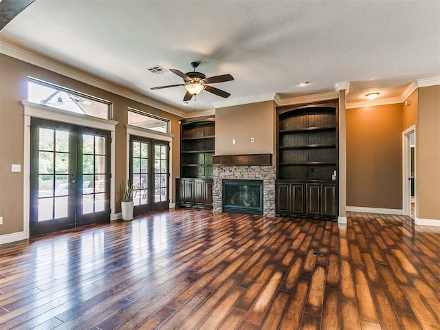 4216 SE 86th Pl, Oklahoma City, OK 73135 - unfurnished living room with french doors, crown molding, wood finished floors, ceiling fan, and baseboards
