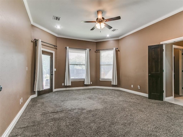 4216 SE 86th Pl, Oklahoma City, OK 73135 - empty room with a ceiling fan, carpet flooring, crown molding, and baseboards