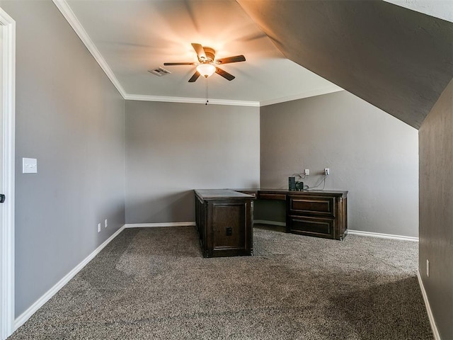 4216 SE 86th Pl, Oklahoma City, OK 73135 - unfurnished office featuring carpet floors, ceiling fan, baseboards, lofted ceiling, and ornamental molding