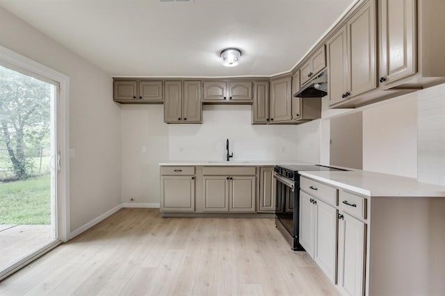 812 NW 113th St, Oklahoma City, OK 73114 - kitchen with electric range, a sink, light wood-type flooring, under cabinet range hood, and baseboards
